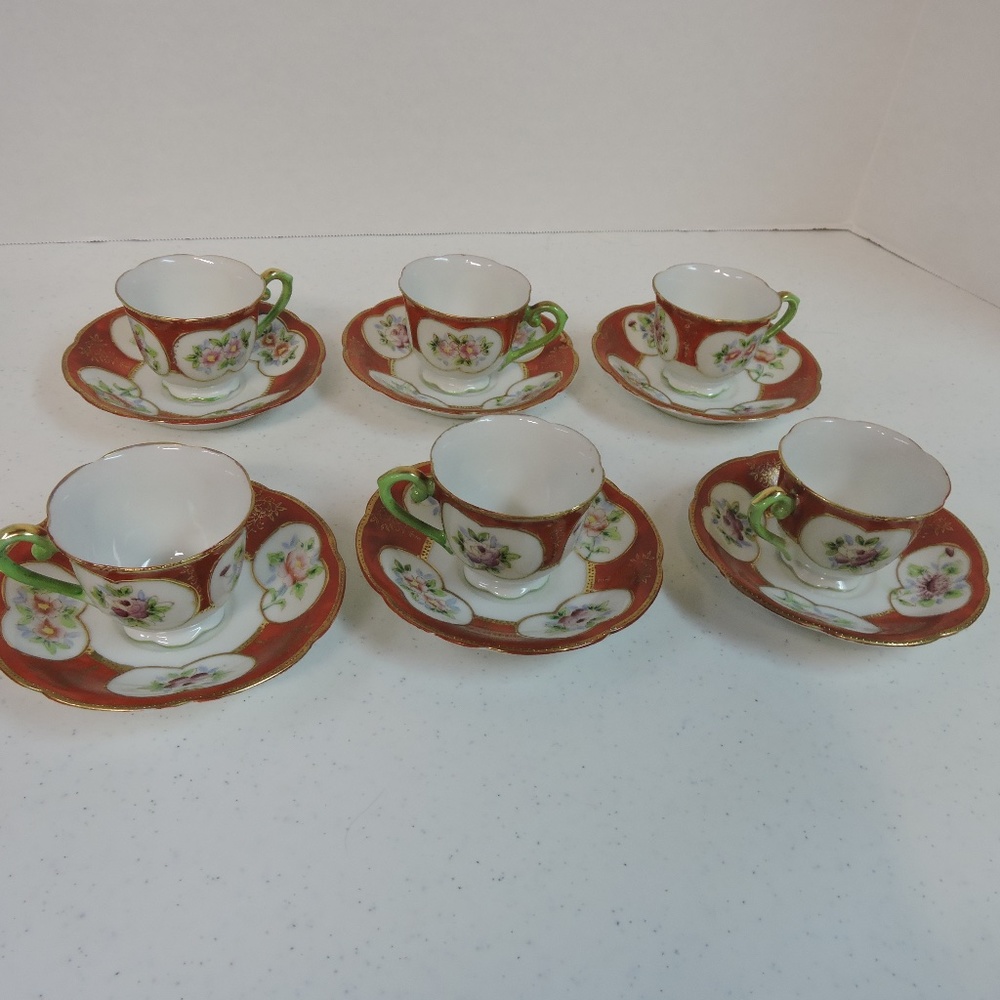 Six Sets Bone China Hand Painted Teacups & Saucers Made in Occupied China